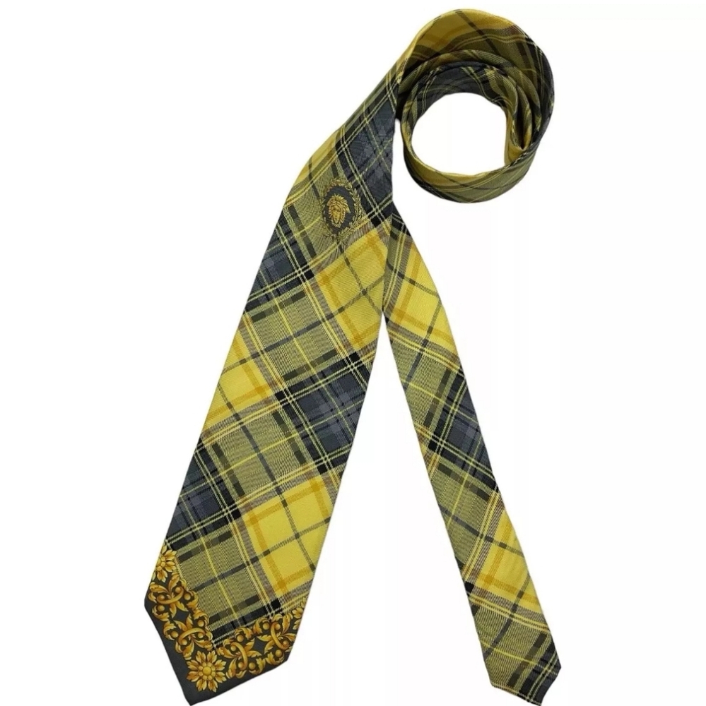 GIANNI VERSACE Yellow/Gray Tartan Baroque Medusa Silk LUXURY Tie ITALY